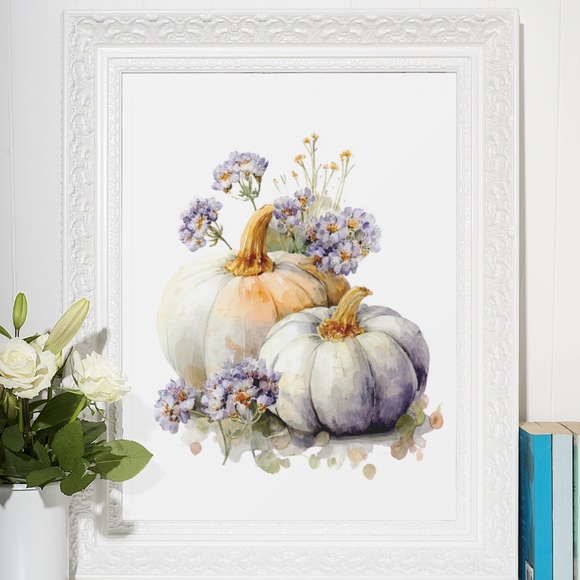 Watercolor Pumpkins with Flowers Wall Art Print Unframed - Cozy Autumn Elegance - Picture 6 of 6